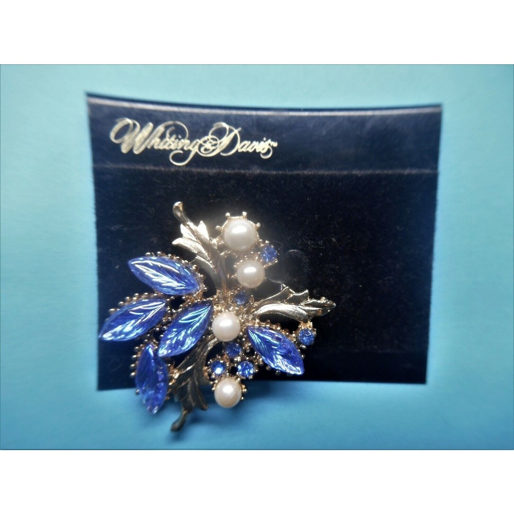 Vintage NOS Whiting And Davis Faux Pearls Rhinestone Brooch Carded